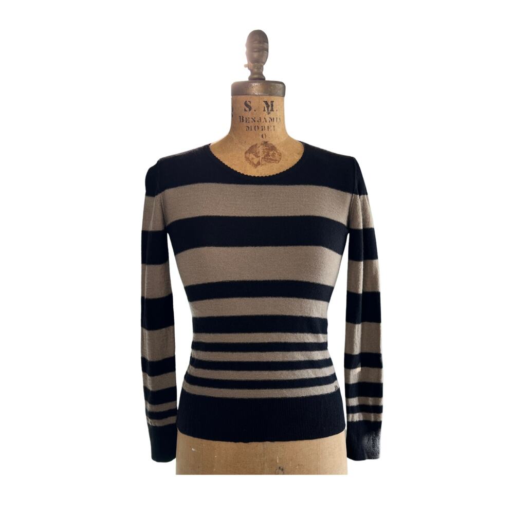 SONIA RYKIEL 1990s Vintage XS Black Taupe Striped Wool Cashmere Sweater